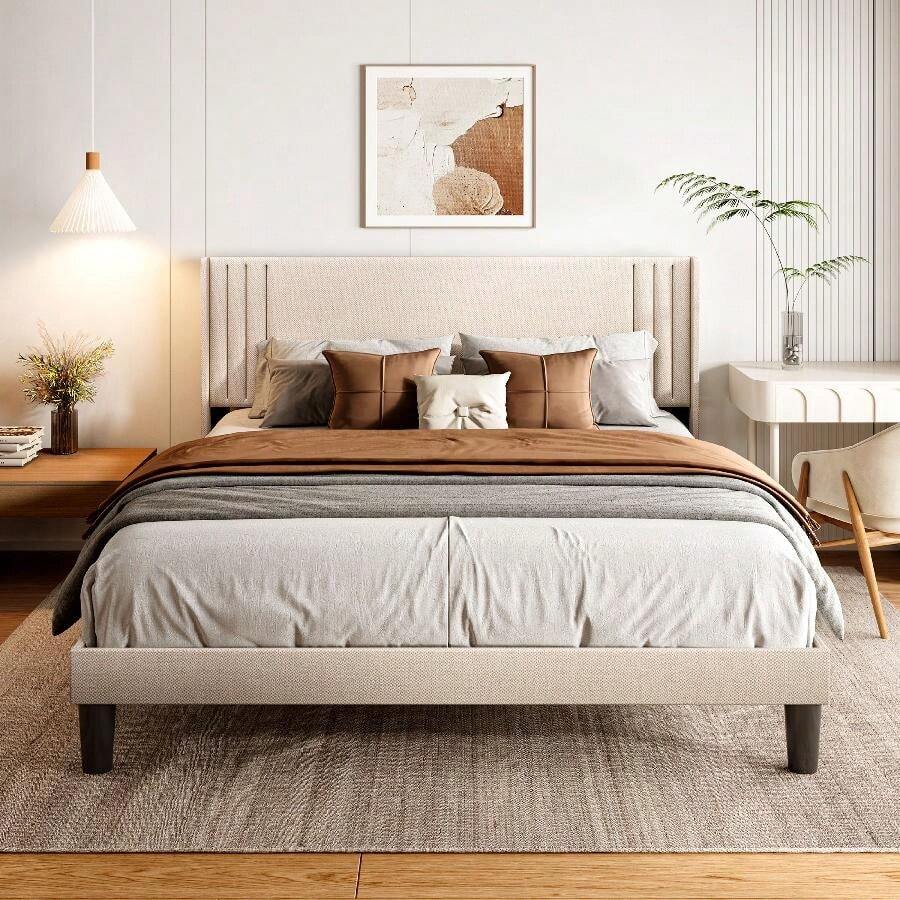 Full/Queen Size Bed Frame With Wingback Headboard, Modern Upholstered Platform Bed, Geometric Headboard, Sturdy Wooden Slats, Noise-Free, No Box Spring Needed, Valentine's Day Ideas