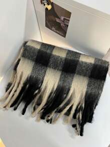 女士格子羊绒混纺双面围巾，秋冬季保暖披肩，时尚心形格子图案 - 黑米色 - 查看 3