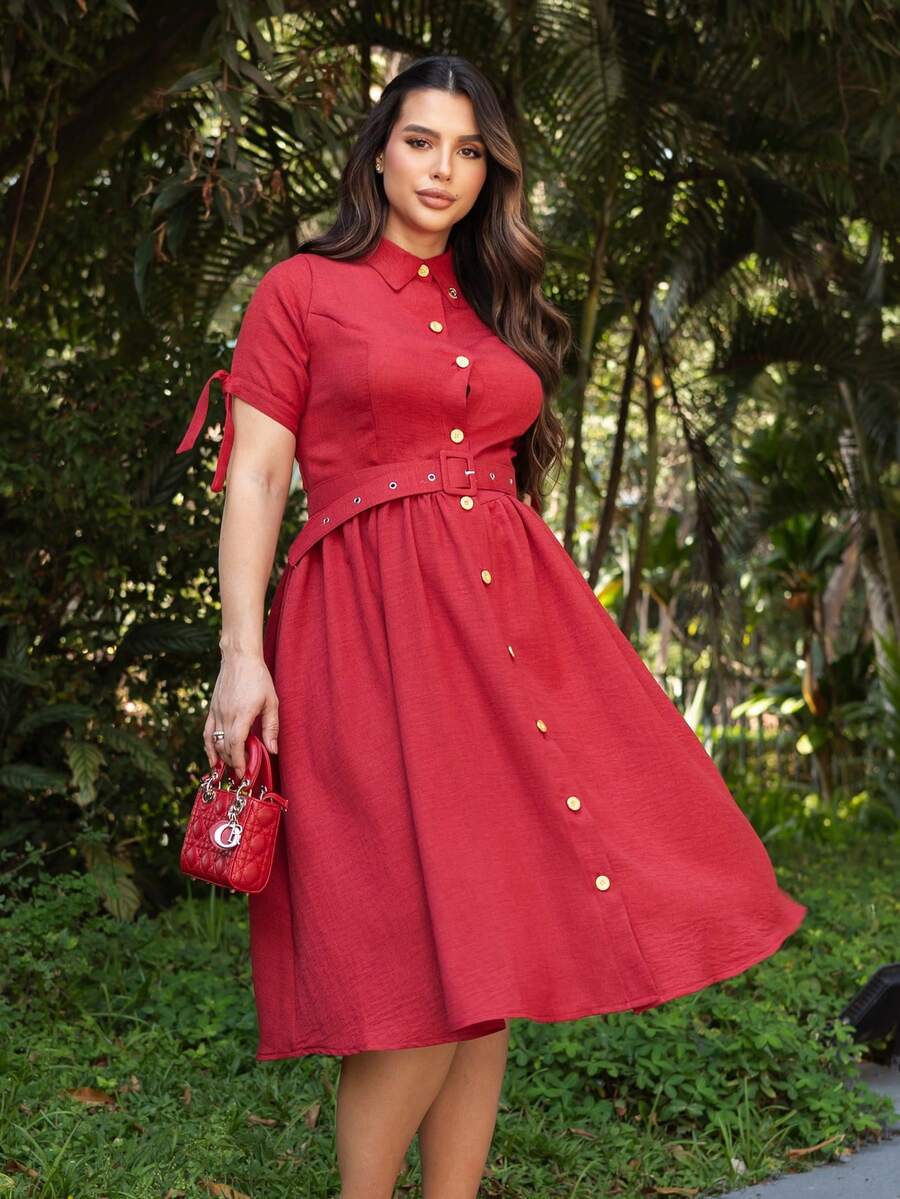 Midi Godet Chemise Dress Short Sleeve Tailored Fabric With Buttons And Elegant Belt Congresses Evangelical Fashion Summer Spring REF: Marcia - 紅色 - 查看 1