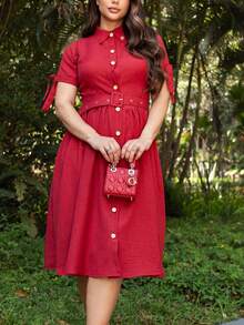 Midi Godet Chemise Dress Short Sleeve Tailored Fabric With Buttons And Elegant Belt Congresses Evangelical Fashion Summer Spring REF: Marcia - 紅色 - 查看 2