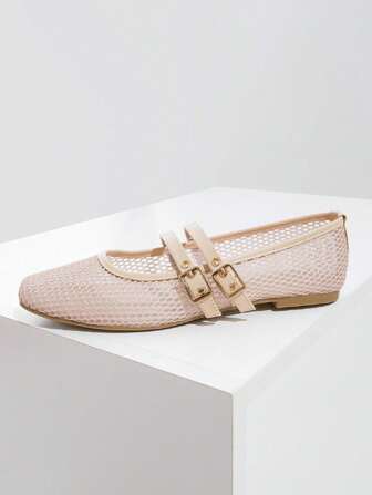 新款女士平底芭蕾网鞋，黑色和米色，圆头，纯色透气休闲平底鞋，时尚舒适