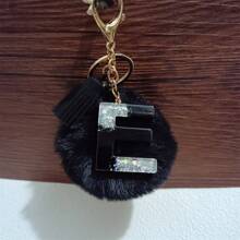 1pc Cute Letter Shaped Zinc Alloy Keychain, Keyring Spring/Summer/Autumn/Winter, Black English Letters & Fuzzy Ball Decor Car Accessories Bag Charm Backpack For School Goth Y2k Christmas Gift Ideas Bag Accessories Lanyards With Id Holder Car Accessories Bag Charms Car Teacher Friend Sister - Black + White - View 8