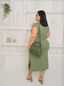 Plain Long Viscolaycra Dress - Màu xanh Ô liu - Xem 2