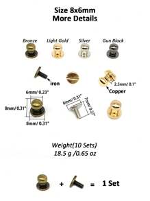 10 Sets Copper 5/6/8mm Round Head Button Screws Stud Rivets, Leather Rivets Craft Belt For DIY Craft Leather Craft Repairs Decoration (Light Gold/Silver/Gun Black) - Gold - View 3
