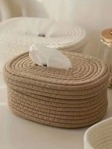 1pc Rope Tissue Box, Oval Shaped Wet Wipe/Mask Storage Box, Suitable For Bedroom, Living Room, Dining Room, Office Home Bathroom Decor Bathroom Organizer Fall Decor Back To School - View 1
