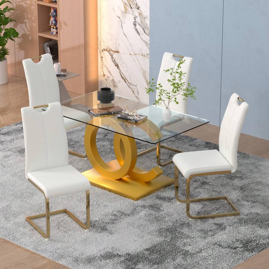 Sumdeal 63" Glass Dining Table With 4 Modern Chairs,Sumdeal 63" Glass Dining Table With 6 Modern Chairs, Golden/Silver - 桌子和4張白色椅子金腿 - 查看 1