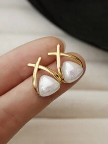 Faux Pearl Decor Stud Earrings - Yellow Gold - View 4