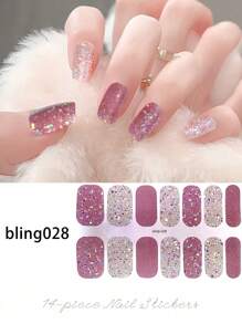 玫瑰粉色闪粉全覆盖美甲贴纸，光泽亮丽，易于DIY，持久耐用，适合派对和日常美甲佩戴。美甲用品 - 紫色 - 查看 11