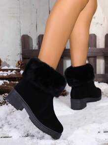 New Thick Sole Women Boots, Plush Lining Fuzzy Collar Fashion Short Boots, Slip-On Simple & Elegant Short Tube Warm All-Match Boots