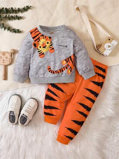 Autumn & Winter 2pcs Baby Boy Toddler Cute Tiger Print Casual Round Neck Long Sleeve Top + Tiger Print Pants Set