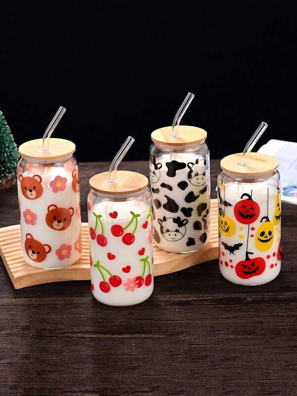 1 pieza Vaso de vidrio reutilizable con tapa y pajita, adecuado para café con hielo, batidos, jugos, un gran regalo para familia y amigos