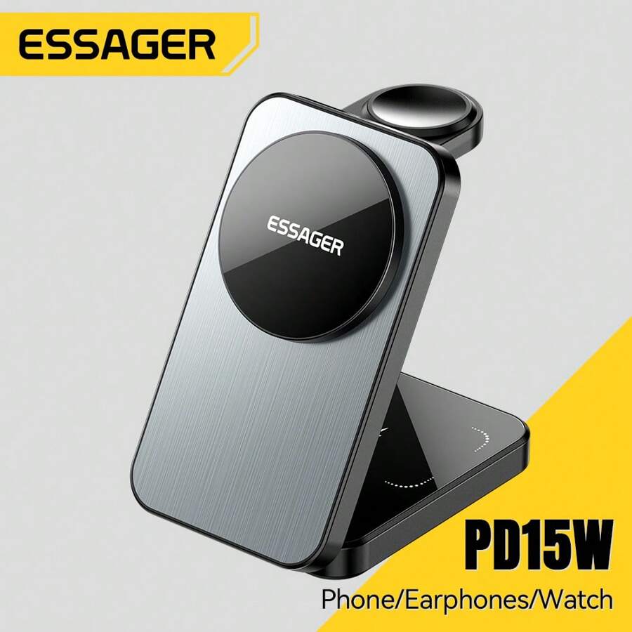 ESSAGER 三合一 15W 磁性无线充电器与手机支架相结合适用于手机手表蓝牙耳机快速充电充电器