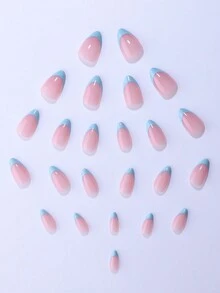 24 件/套短款杏仁形马卡龙色压模指甲，高端白边法式假指甲，适合女生和女士日常办公室佩戴，内含 1 块双面胶带和 1 个指甲锉 - 藍色 - 查看 5