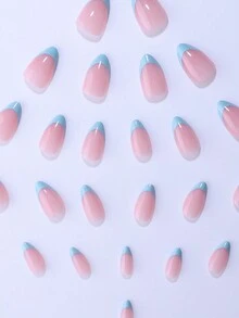 24 件/套短款杏仁形马卡龙色压模指甲，高端白边法式假指甲，适合女生和女士日常办公室佩戴，内含 1 块双面胶带和 1 个指甲锉 - 藍色 - 查看 6