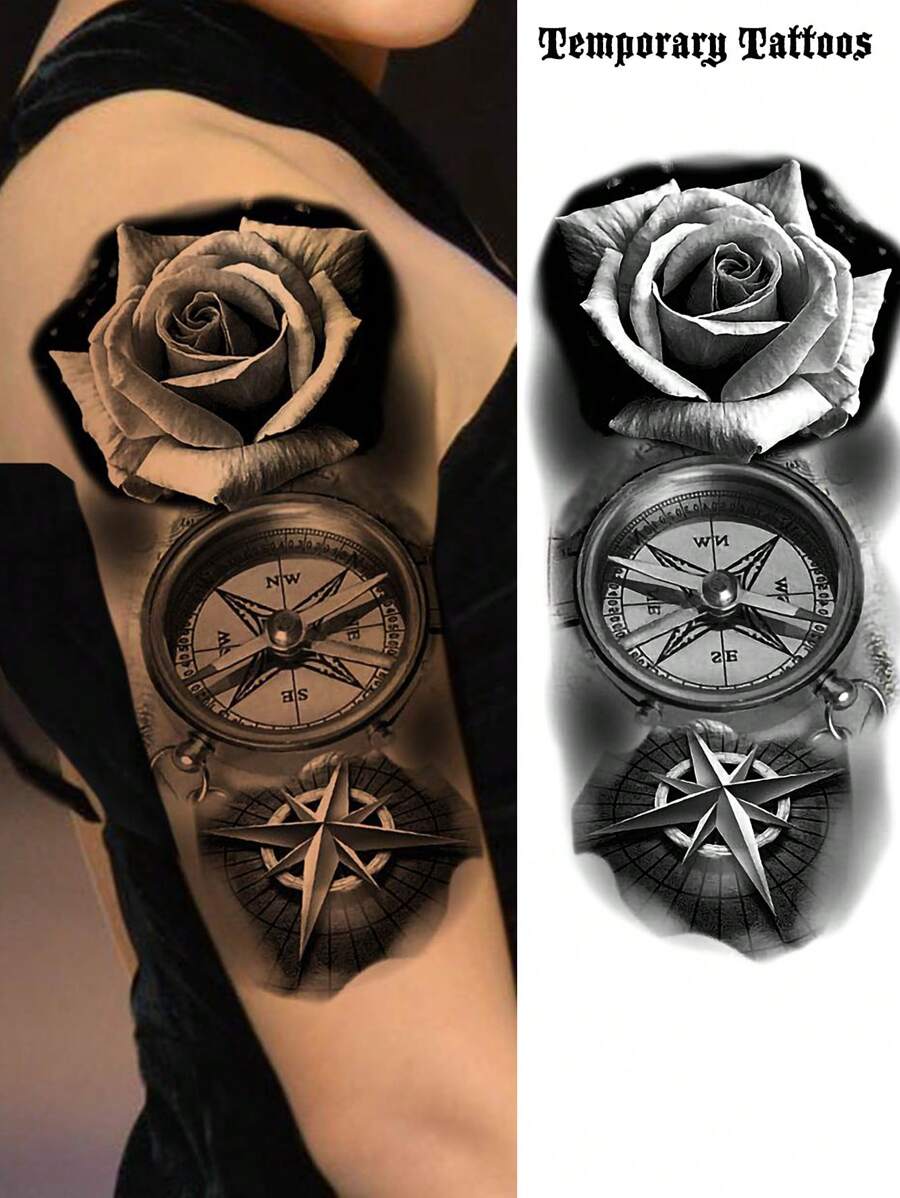 1 张黑色指南针时钟玫瑰花临时纹身适用于女性男性成人手臂腿大腿前臂袖子小腿，3D 防水持久逼真假纹身贴纸 - 黑色 - 查看 1