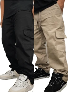 SHEIN Women's 2-Pack Unisex Wide Leg Twill Cargo Pants With 5 Pockets Kit 2 Women's Skater Cargo Pants With Side Pocket Men's Skater Cargo Pants With Side Pocket Black Khaki And Beige - Màu Khaki - Xem 2