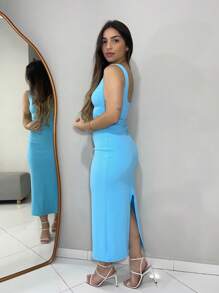 Lud Midi Dress With Thick Straps And Slit On The Back, Chic Style - Baby Blue - View 3