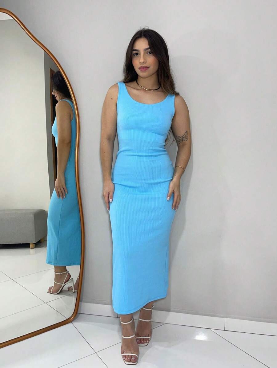 Lud Midi Dress With Thick Straps And Slit On The Back, Chic Style - Baby Blue - View 1