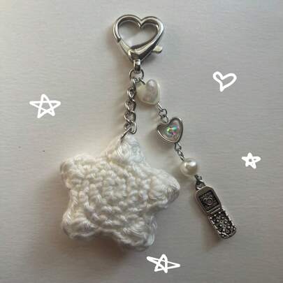 1 件针织星形和爱心形状钥匙扣，包饰装饰，Y2K 风格可爱钥匙扣，适合女孩情人节汽车配件学校哥特包配件挂绳带身份证夹汽车配件包饰