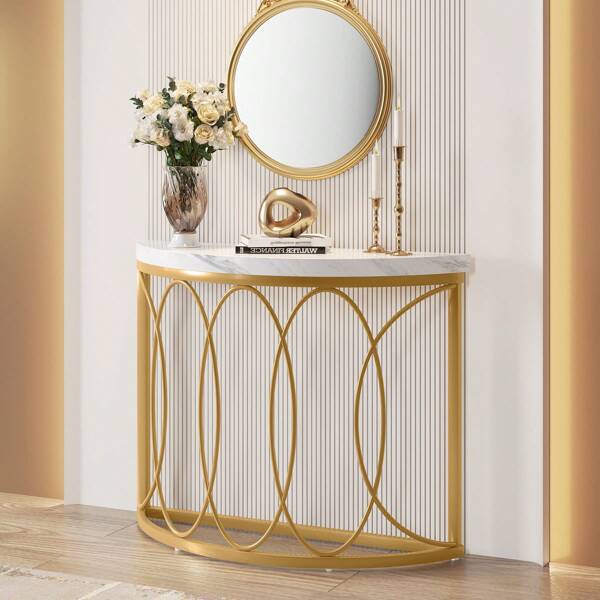 Tribesigns Tribesigns Gold Konsolentisch, Beistelltisch mit Metallrahmen und Halbmonddesign, Moderner Sofatisch Infacher Sofa Tisch für Wohnzimmer Foyer Flur