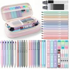 Four Candies 56 PCS Aesthetic School Supplies With Large Pencil Case, 6 Colored Ballpoint Pens, 12 Pastel Highlighters, 5 Black Ink Gel Pens, 9 Mechanical Pencils 0.5-2.0mm Student Essentials Back To School