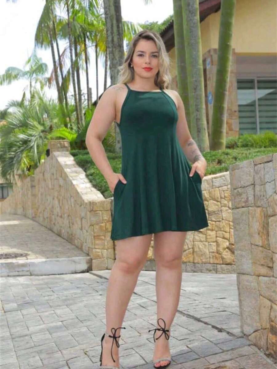 Women's Short Strap Dress With Side Pockets Luxury Top - Dark Green - View 1