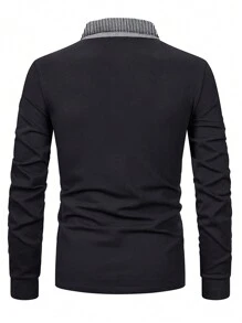 男士休闲条纹拼布长袖 Polo 衫，适合秋季 - 黑色 - 查看 3