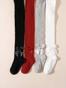 4 件装女孩纯色竖条纹蝴蝶结紧身裤，适合休闲和节日场合 - 彩色 - 查看 4