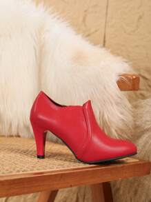 女士纯色简约踝靴，侧拉链高跟鞋，优雅尖头高跟鞋，秋冬 - 紅色 - 查看 7