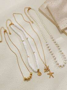 Set di 4 collane da spiaggia da vacanza, con conchiglie, perle barocche e stile bohémien vintage, per donne