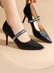 1 par de cordones elásticos con cristales para tacones altos, dispositivo de bloqueo sin atar, cordones antideslizantes para tacones altos, tacones de mujer, sandalias de mujer - Negro - Ver 5