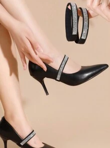 1 par de cordones elásticos con cristales para tacones altos, dispositivo de bloqueo sin atar, cordones antideslizantes para tacones altos, tacones de mujer, sandalias de mujer - Negro - Ver 1
