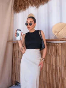 Satin Midi Skirt With Elastic - Kem - Xem 3