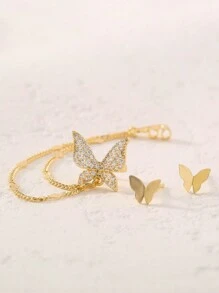 2pcs Fashionable Butterfly Micro-Inlaid Zirconia Ear Cuff Stud Earrings Set (Random Rhombus Quantity) - Yellow Gold - View 3