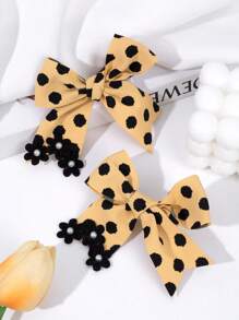 2 件女孩波尔卡圆点蝴蝶结发夹、黑色迷你花朵和人造珍珠装饰发夹、织物丝带打结发饰、鳄鱼发夹、儿童青少年发饰、秋冬发夹 - 彩色 - 查看 9