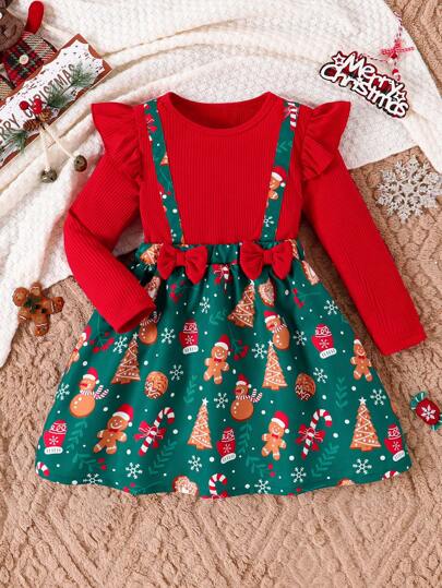 Young Girl Christmas Ruffle Bow Snowman Candy Cane Christmas Tree Print Dress