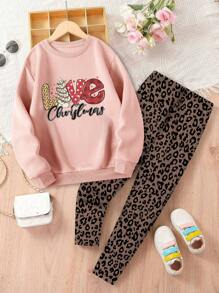 Tween Girl Oversized Love Graphic Sweatshirt And Comfy Leopard Print Leggings Set - Pink - View 1