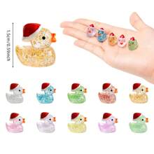12/24/40/100Pcs Christmas Mini Resin Ducks Glitter Miniature Christmas Hat Duck Figures Tiny Duck Ornaments Micro Landscape Fairy Garden Accessories(Random Color)