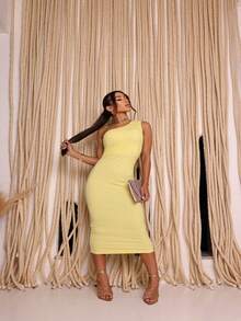 Women's One-Sleeve Tank Top Midi Dress With Padded Bra, Luxury Fashion - 黃色 - 查看 3