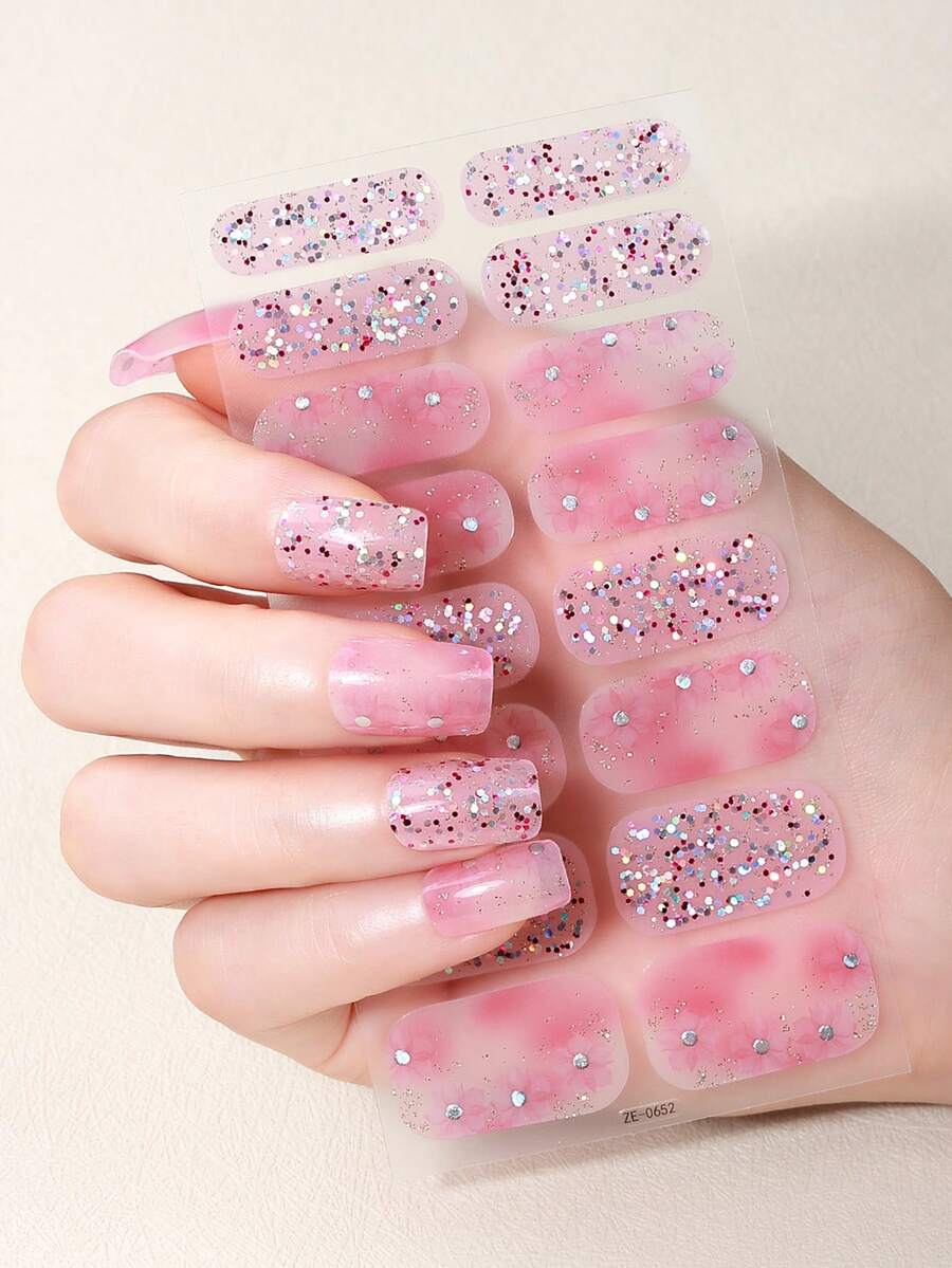 Beauty Sticker 16 片指甲油条，红色指甲闪光镀铬星自粘指甲全包裹凝胶指甲贴纸，沙龙品质，适合女性家庭 DIY 自用美甲用品 - 彩色 - 查看 1