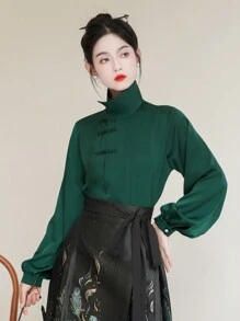 Spring Elegant Chinese Style Green Satin Stand Collar Two Way Wear Blouse For Chinese New Year, Daily, Street, Commuting, Home And Other Occasions To Wear Hanfu Tops