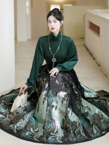 Spring Elegant Chinese Style Green Satin Stand Collar Two Way Wear Blouse For Chinese New Year, Daily, Street, Commuting, Home And Other Occasions To Wear Hanfu Tops