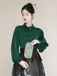 Spring Elegant Chinese Style Green Satin Stand Collar Two Way Wear Blouse For Chinese New Year, Daily, Street, Commuting, Home And Other Occasions To Wear Hanfu Tops