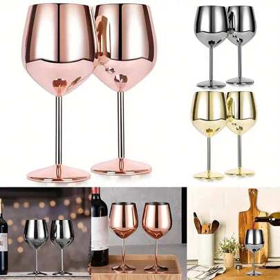 2pcs/1set, 18oz/500ml, 304 Stainless Steel High-Legged Wine Glass, Golden, Black, Rose Golden, For Wine, Champagne, Whiskey, Cocktail, Juice Drink, Outdoor Picnic, Suitable For Bar, KTV, Restaurant, Hotel Club, Party, Home Kitchen, Dishwasher Friendly, Wine Storage Container, Room Decoration, Can Be Used For Drinking Water, Coffee, Etc., Suitable For Kitchen, Restaurant, Bar, Party, Gathering, Boyfriend Gift, Father Gift, Christmas Party, Christmas Decoration Gift., Valentine's Day Gift, Party, Birthday Recoration