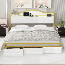 Metal Platform Bed With 3 Drawers, Storage Headboard, King, Gold