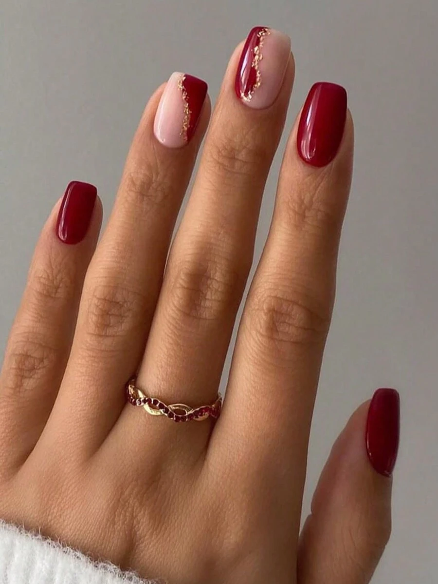 24 Móng tay giả vuông đỏ ngắn dễ thương + 1 miếng keo thạch + 1 miếng chà để trang trí móng tay hàng ngày cho phụ nữ, dụng cụ làm móng, dụng cụ làm móng - Nhiều màu - Xem 1