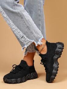 Women's Breathable Round Toe Slip-On Cushion Sneakers, Ladies' Casual Knitted Shoes - Màu xám đen - Xem 4