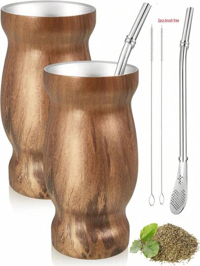 8oz,Double-Walled Stainless Steel Yerba Mate Cup, Tea Cup Set Include Insulated Yerba Mate Cup, Mate Straw Spoon & Cleaning Brush, Double-Walled And Hot & Cold Drink, For Mate Tea, Coffee, Easy To Clean ),(Wood/Marble/Silver/Black/White/Pink/Red),Gifts For Men And Women.