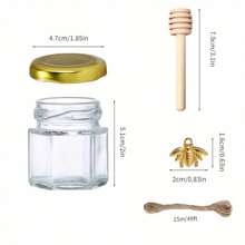 20/30 piezas Tarros de miel mini, tarros de vidrio hexagonales pequeños de miel con tapas doradas, cucharillas de madera, dijes de abeja y yutes, tarros de miel pequeños, herramienta útil, artículos de cocina, regalo de Navidad - Dorado - Ver 4