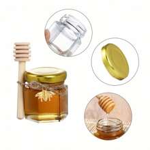 20/30 piezas Tarros de miel mini, tarros de vidrio hexagonales pequeños de miel con tapas doradas, cucharillas de madera, dijes de abeja y yutes, tarros de miel pequeños, herramienta útil, artículos de cocina, regalo de Navidad - Dorado - Ver 3